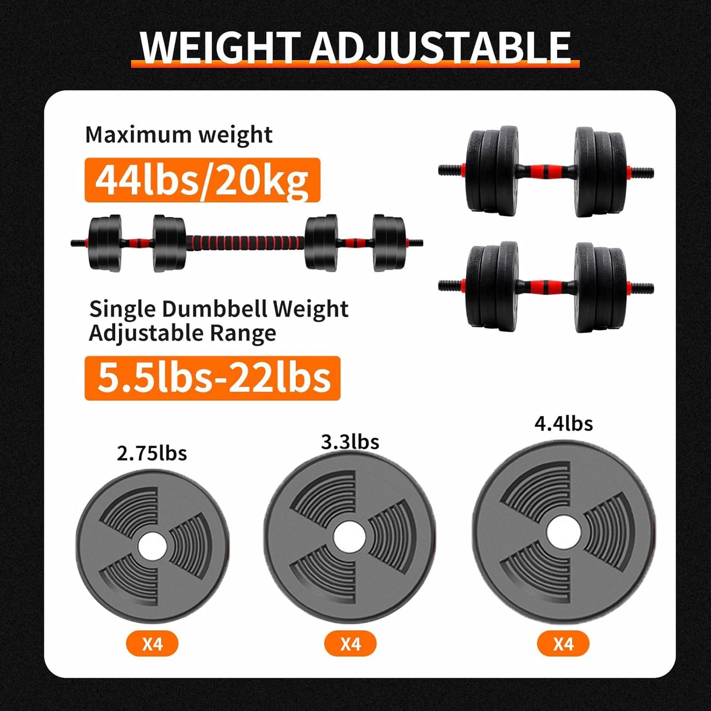 5-44lbs Adjustable Dumbbell to Barbell Set – Home Gym Strength Training Weights