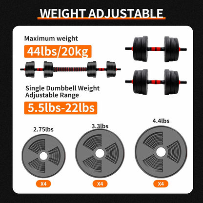 5-44lbs Adjustable Dumbbell to Barbell Set – Home Gym Strength Training Weights